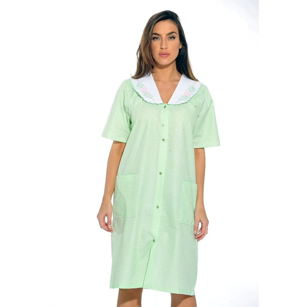 DREAM CREST GREEN WHITE CHECKERED PUCKERED HOUSECOAT ROBE DUSTER SIZE SMALL NWT